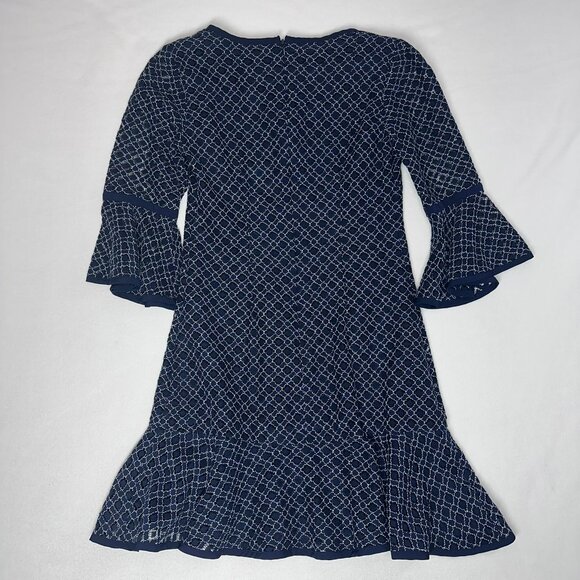 Eliza J Lace Dress with White Embroidered Overlay Bell Sleeves Midi Navy Size 6 - Picture 3 of 7